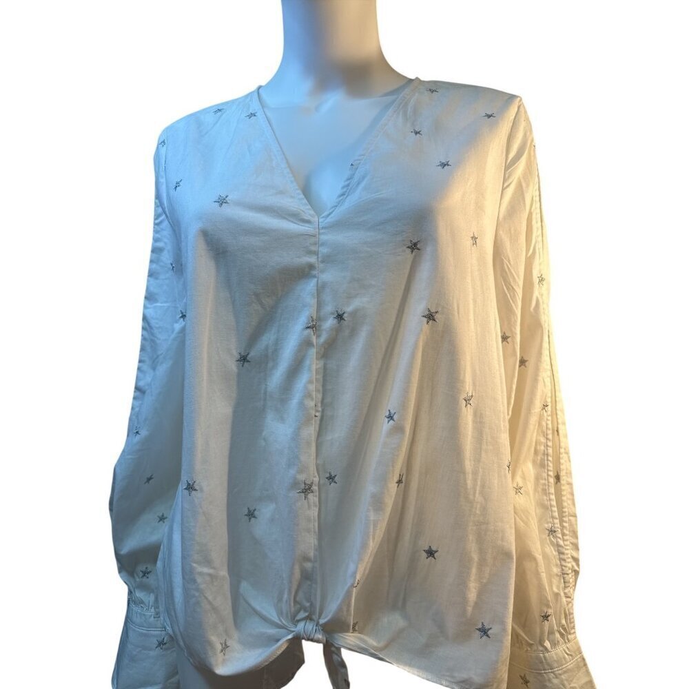 Lucky Brand Womens White Star Embroidered Blouse V-Neck Long Sleeve Size XL EUC